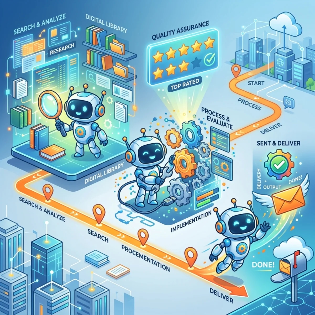 Conceptual diagram showing a robot finding instructions, interacting with systems, evaluating vendors, and sending an email delivery.