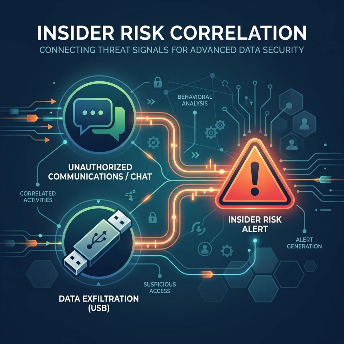 Conceptual diagram showing Insider Risk Management correlating a chat interaction, a USB drive exfiltration, and an alert generation