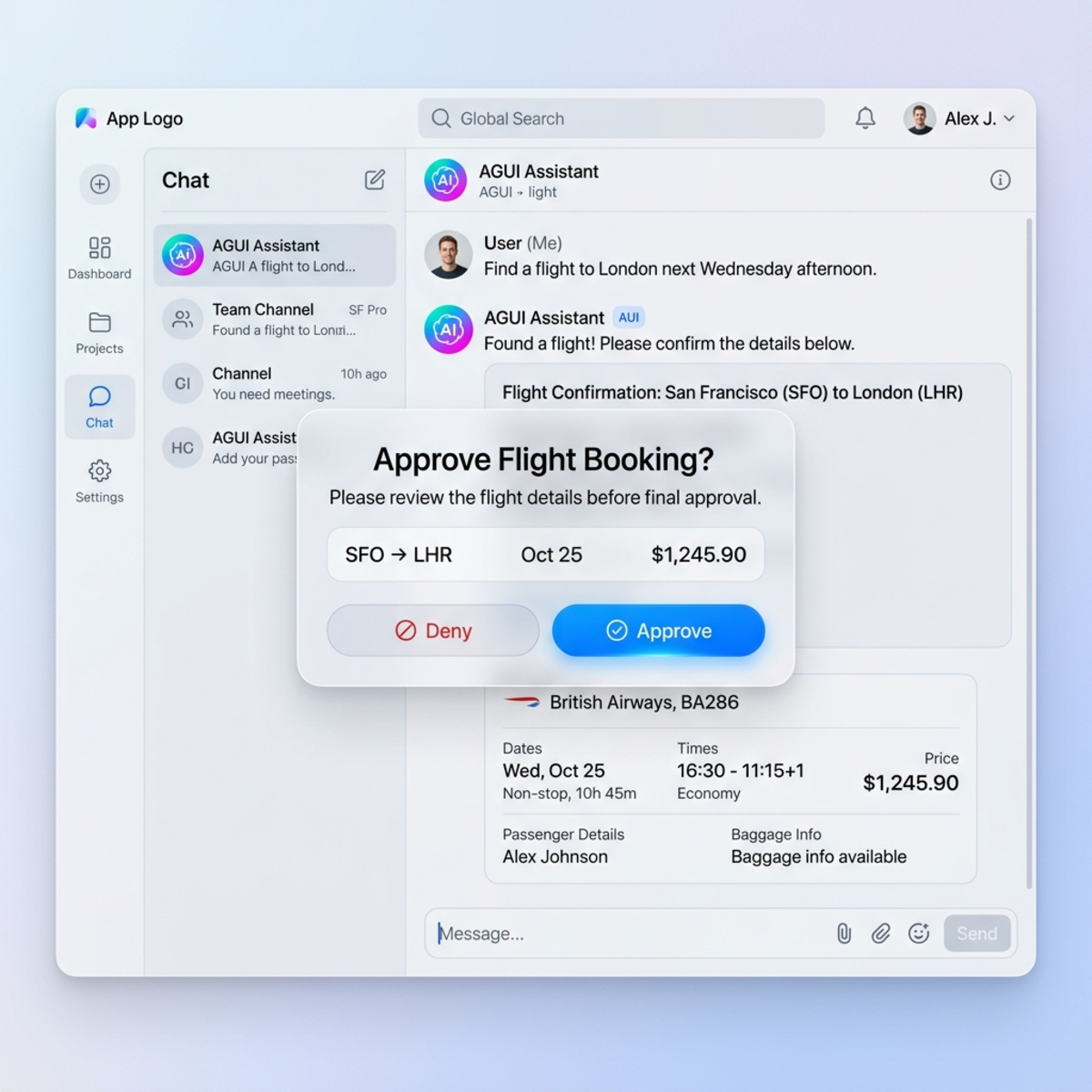 Mock UI of an Agent User Interaction showing a dynamic Approve or Deny flight popup over a chat interface