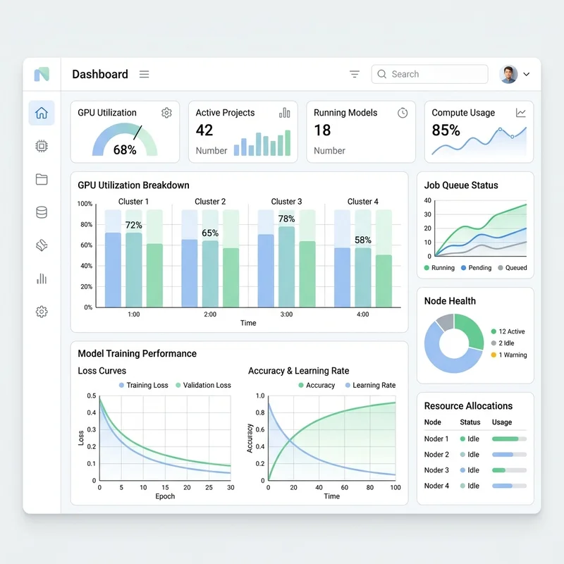 Mock Serverless Dashboard showing GPU Utilization and Logging