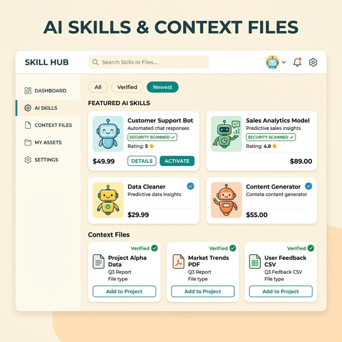 Mock UI of an AI Skills Marketplace showing verified context files and security scan badges.