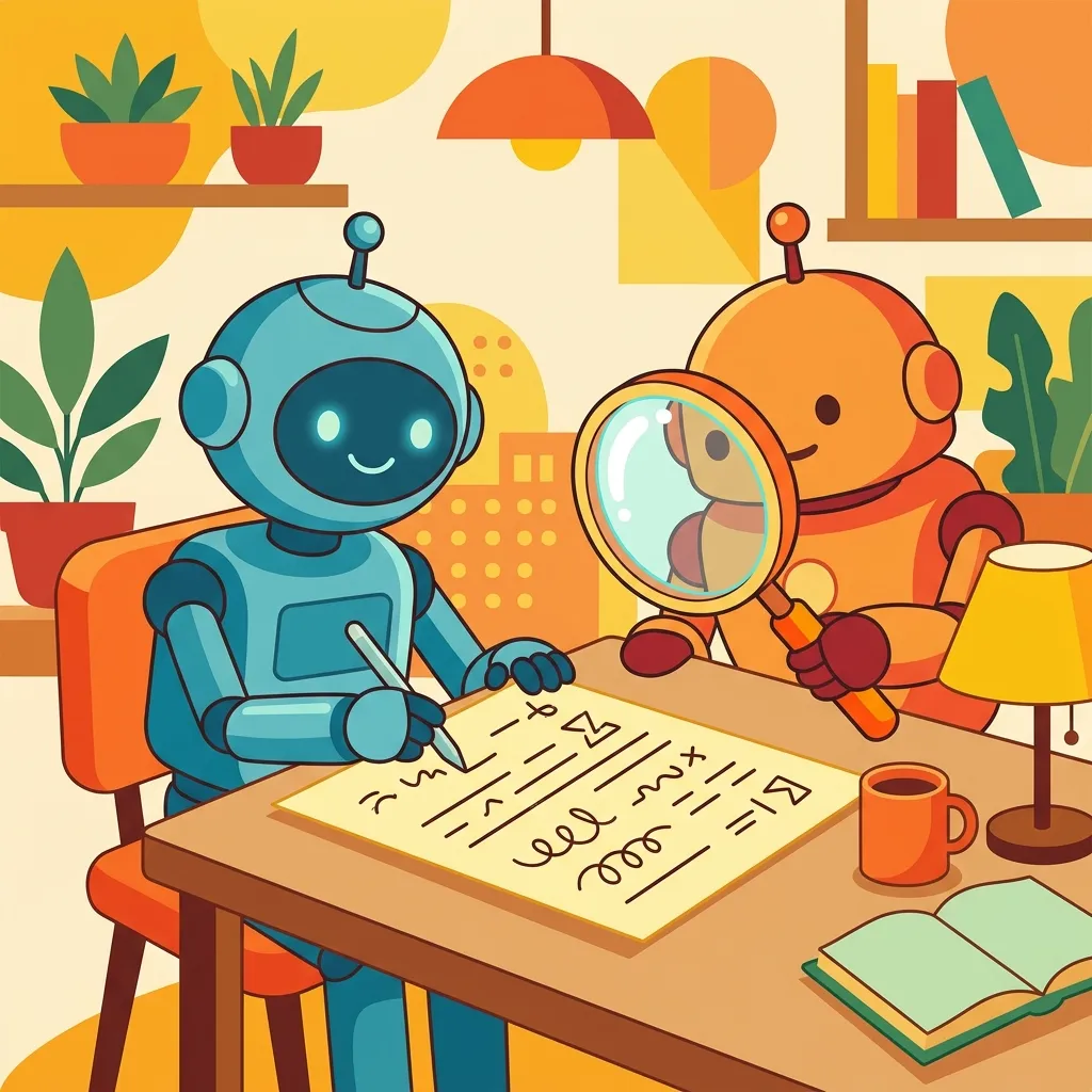 An abstract 2D vector illustration showing the Generator robot drafting a document while the Reviewer robot inspects it with a magnifying glass