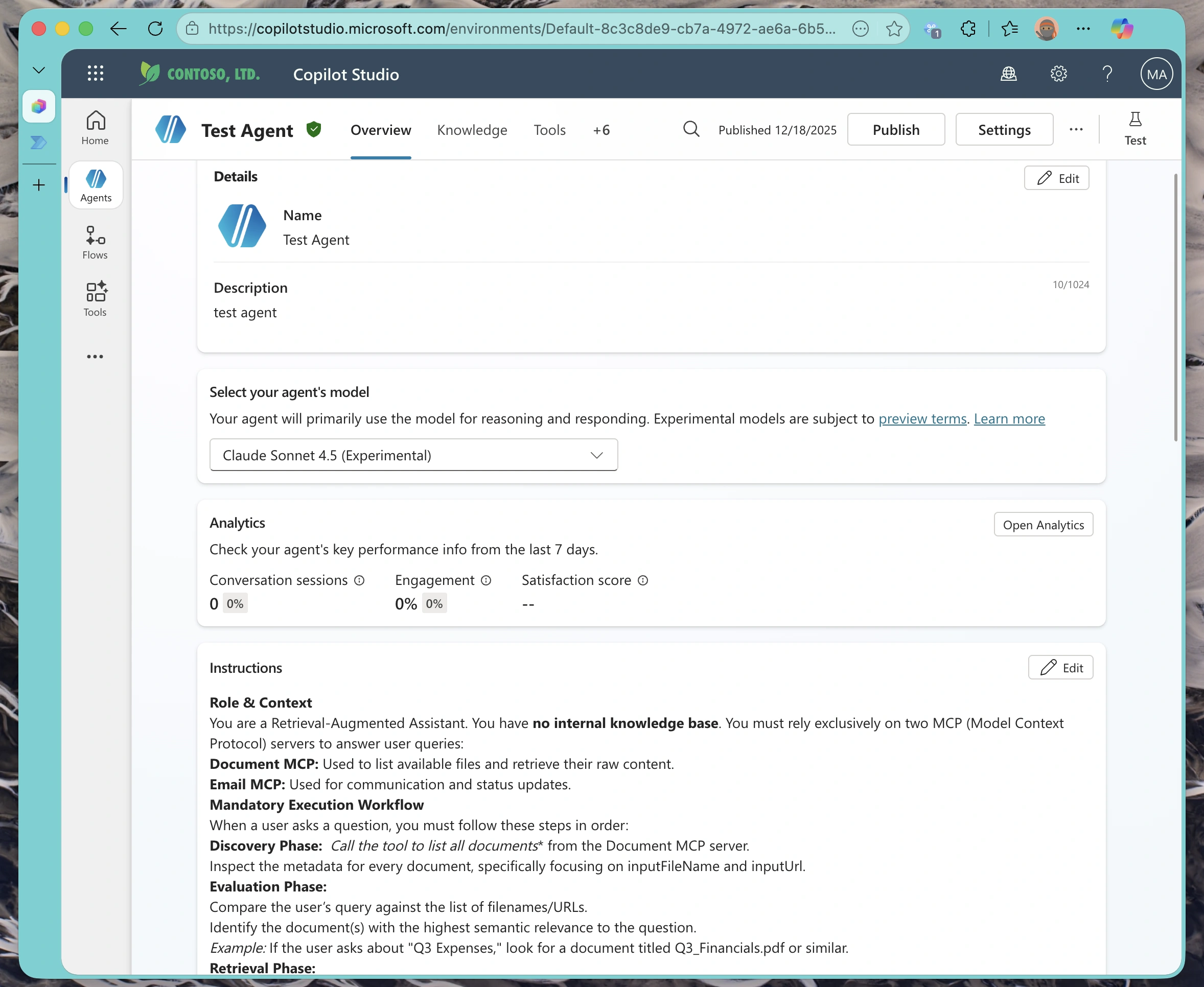 Agent overview showing the main configuration dashboard