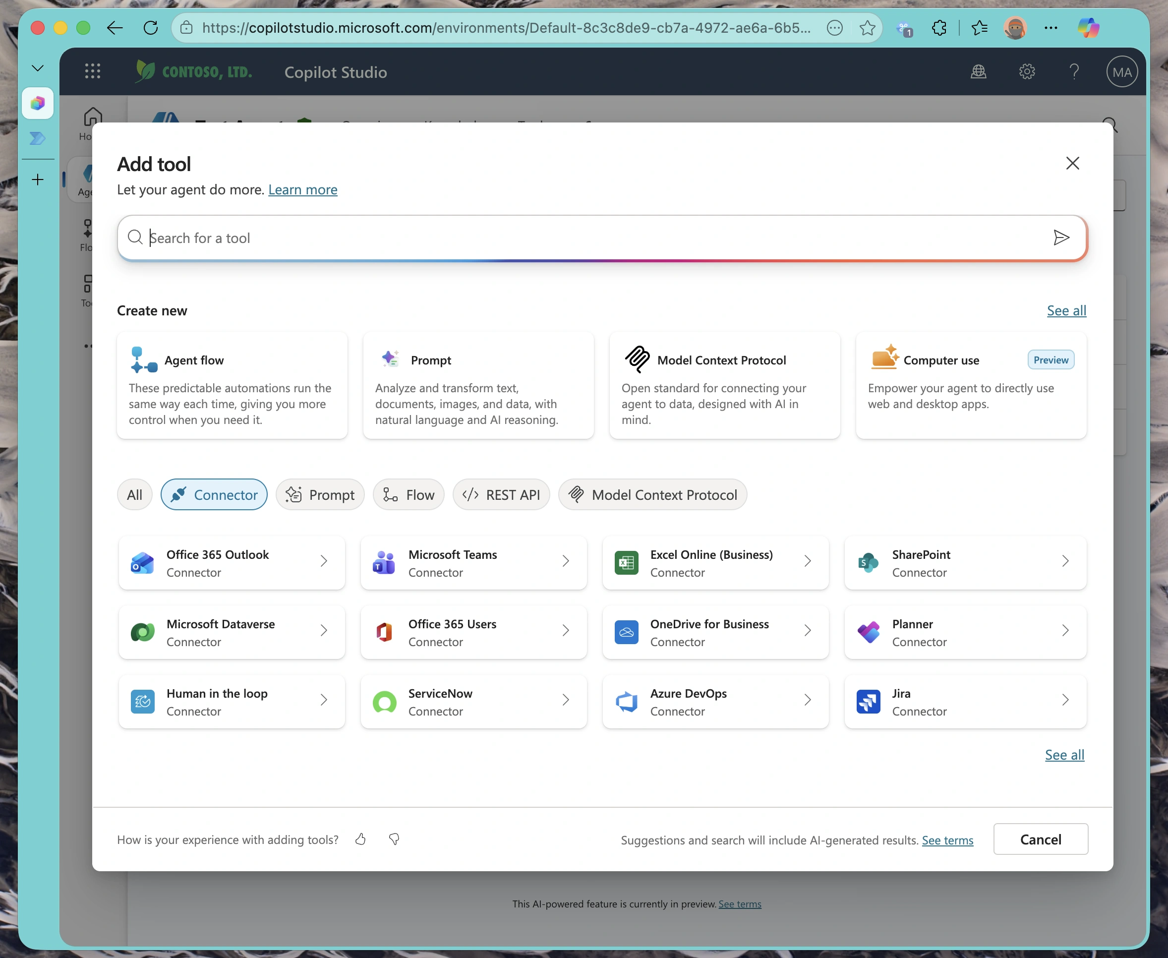 Dialog showing MCP as an available tool type