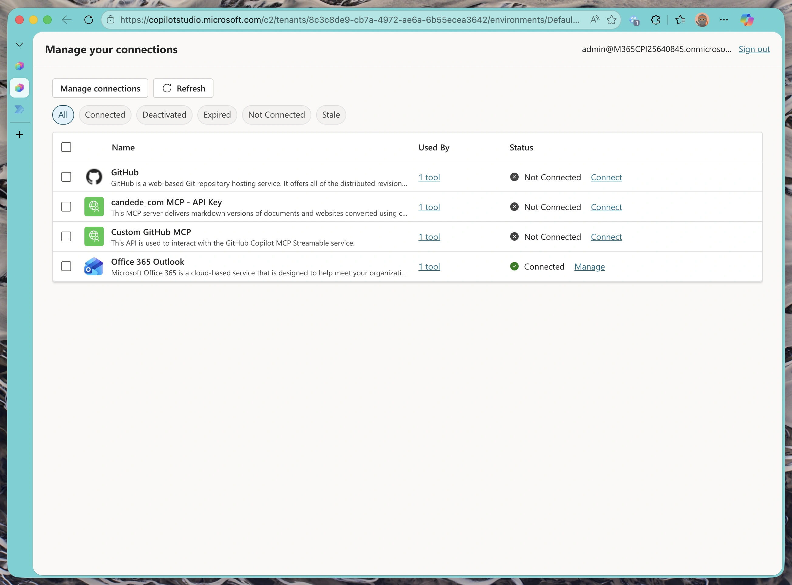 Connection manager showing the MCP connection ready to be activated