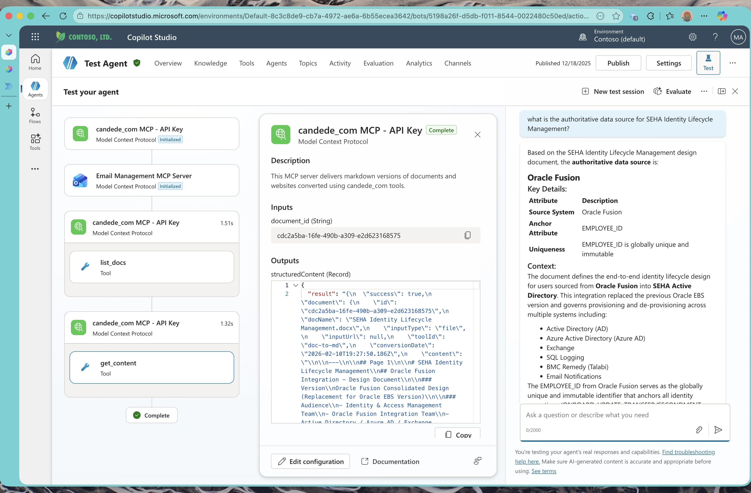 Test conversation showing Claude Sonnet successfully calling MCP tools