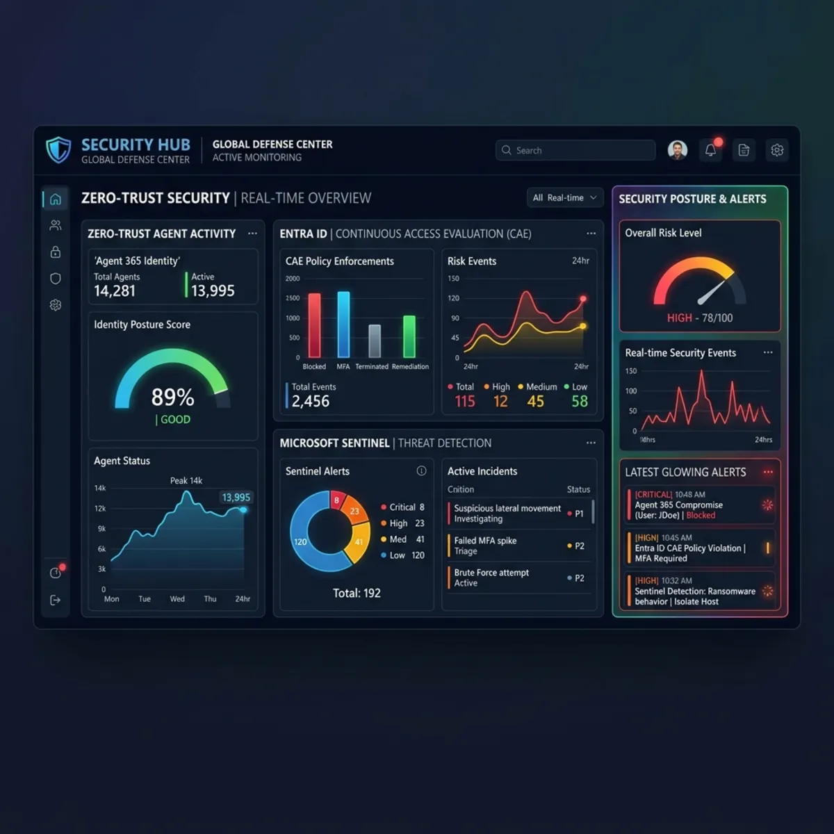 Zero-Trust Security Dashboard monitoring Agent 365 activity and Sentinel threat detection