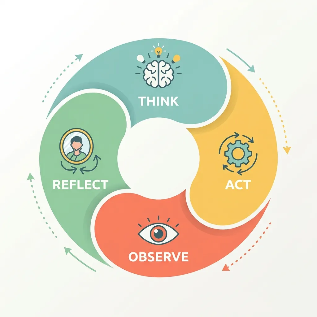 Diagram showing the continuous ReAct loop with Think, Act, Observe, and Reflect stages