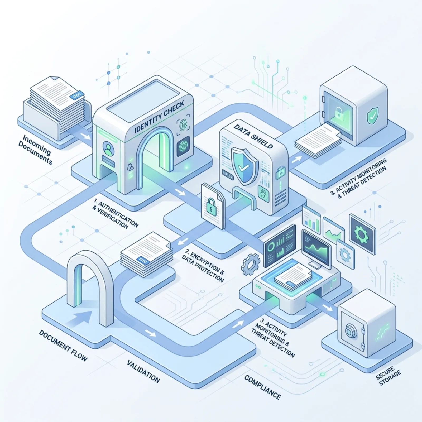 A professional isometric architecture diagram illustrating a digital flow through Identity Check, Data Shield, and Runtime Monitor checkpoints