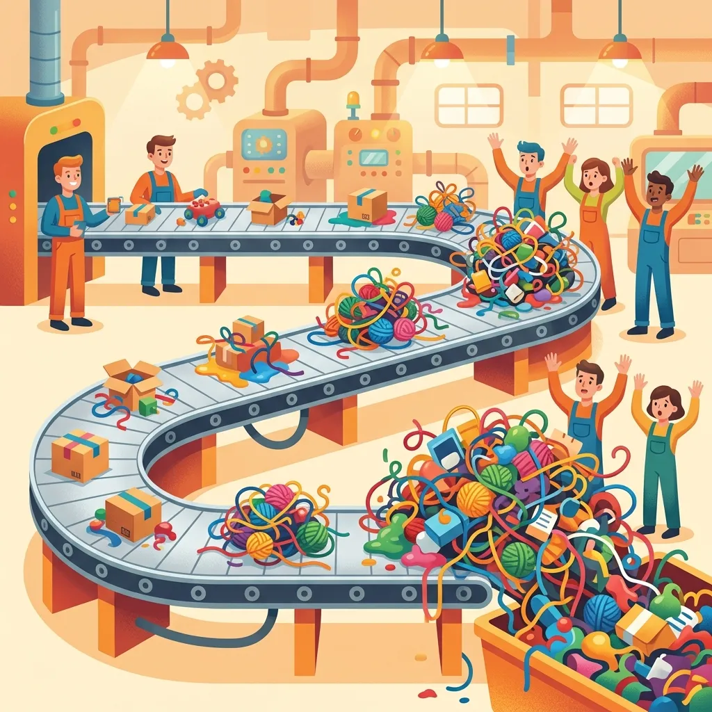 Illustration of a conveyor belt showing small mistakes compounding into huge tangles