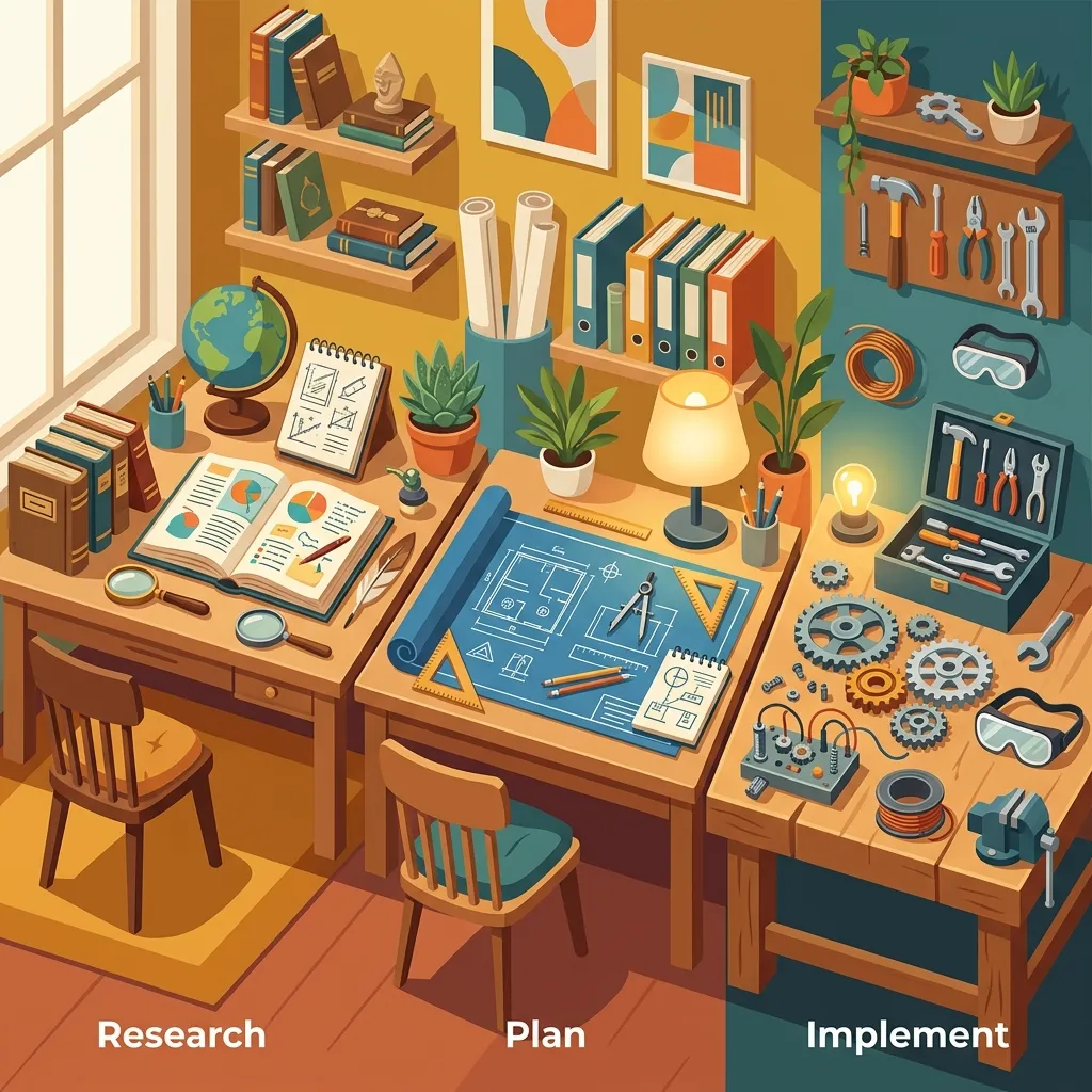 Illustration of three distinct workstations for Research, Planning, and Implementation
