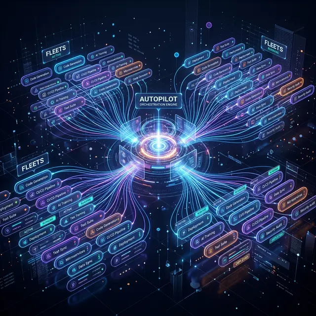 Architecture diagram showing Autopilot core mapping tasks to parallel Fleets