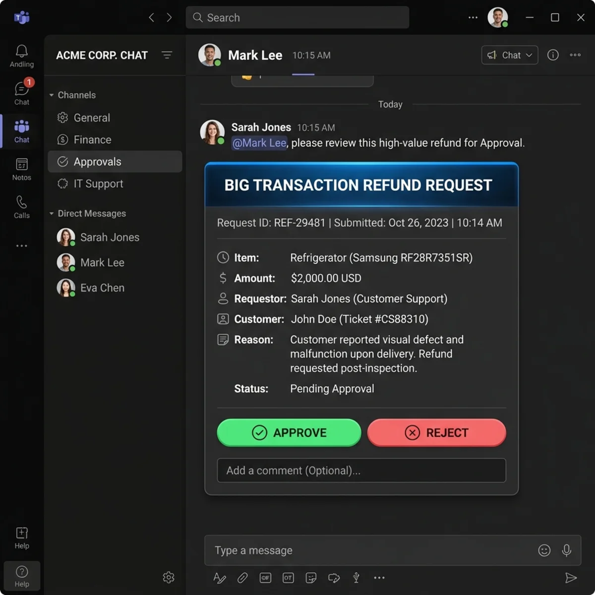 Mockup of an approval card in a modern enterprise chat application showing transaction details and approve/reject buttons.