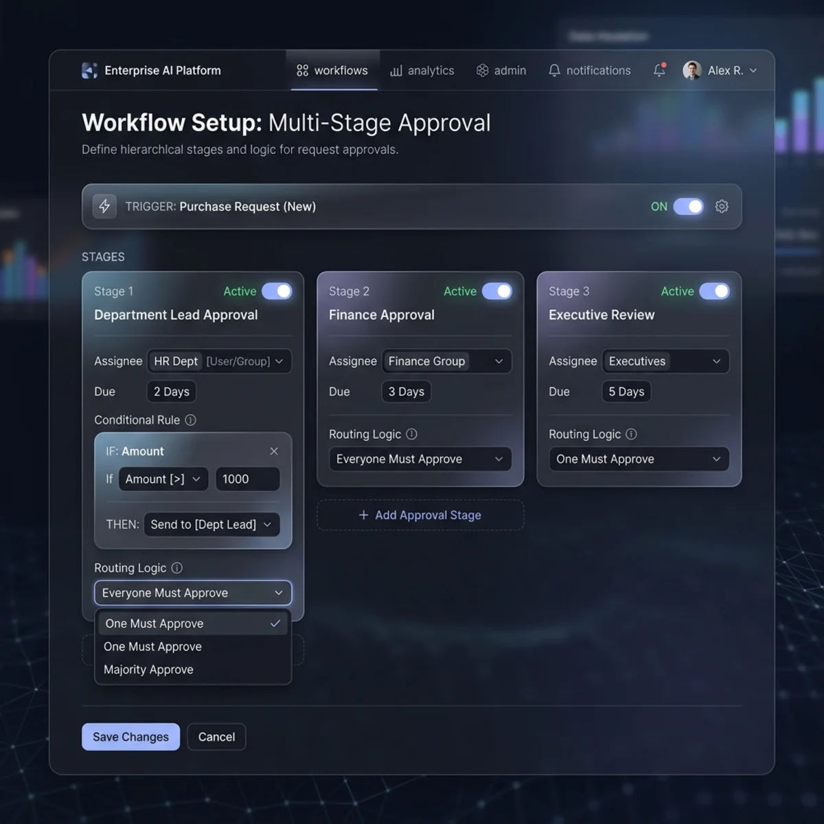 UI Mockup of a Multi-Stage Approval configuration showing routing logic and condition rules.