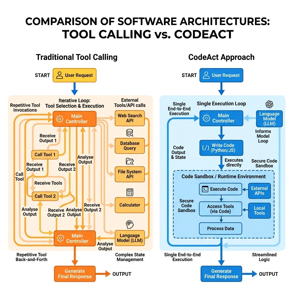 Flowchart comparing traditional multi-turn tool calling with the single-turn CodeAct approach.