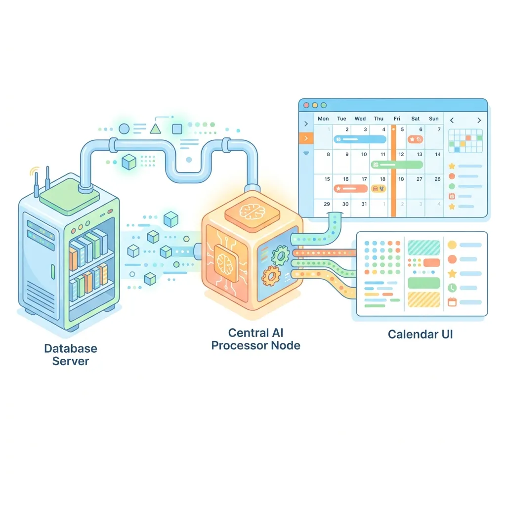 Architecture diagram showing data flowing from Dataverse to an AI Processor and then rendering a Calendar UI
