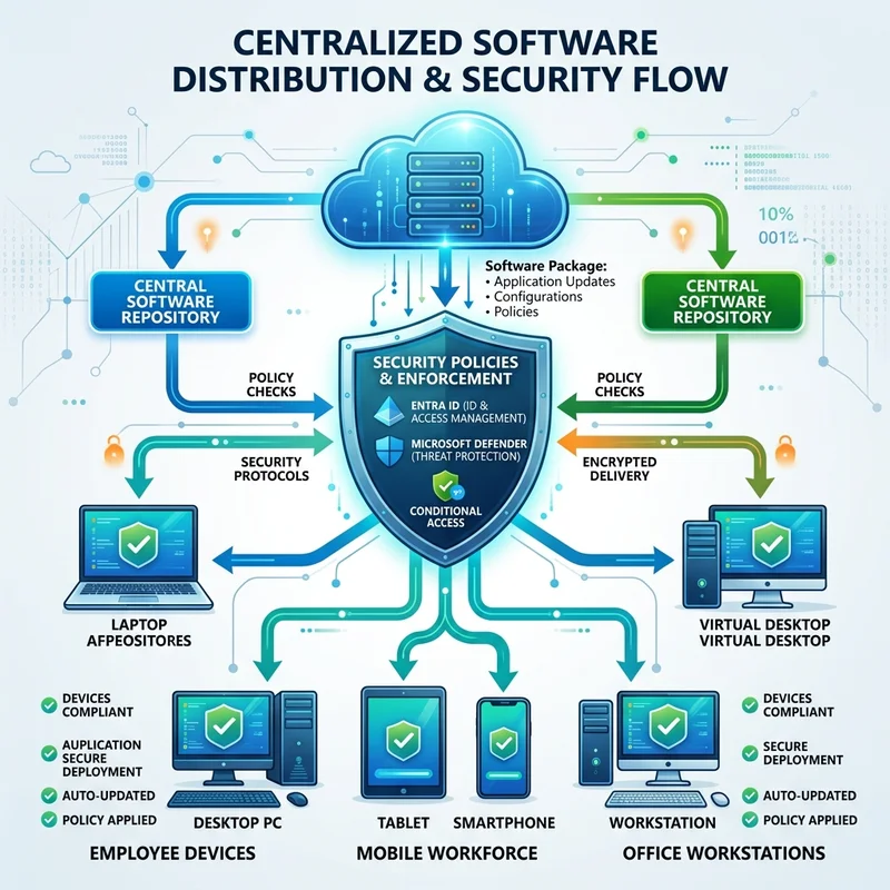 A flowchart showing an IT Admin deploying a plugin package to users while enforcing security policies via Entra ID and Defender