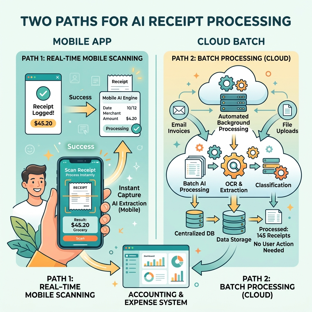 A comparison showing the UI-first Mobile App approach versus the automated Cloud Batch processing architecture