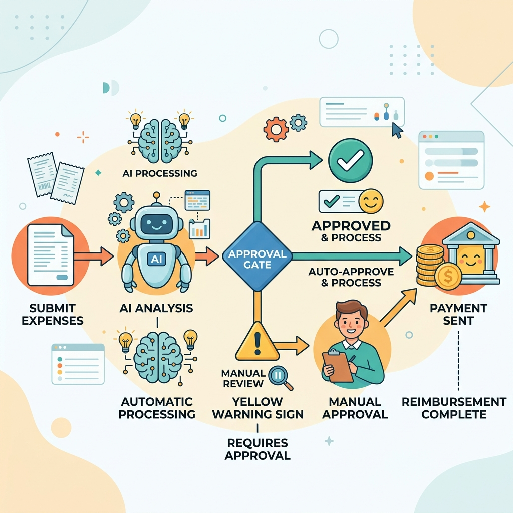 A flowchart showing the lifecycle of an expense reimbursement, moving from document upload to AI processing, a confidence score validation gate, and final payment approval