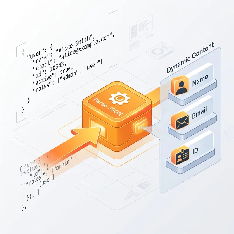 Conceptual diagram showing raw JSON being transformed into structured Dynamic Content components