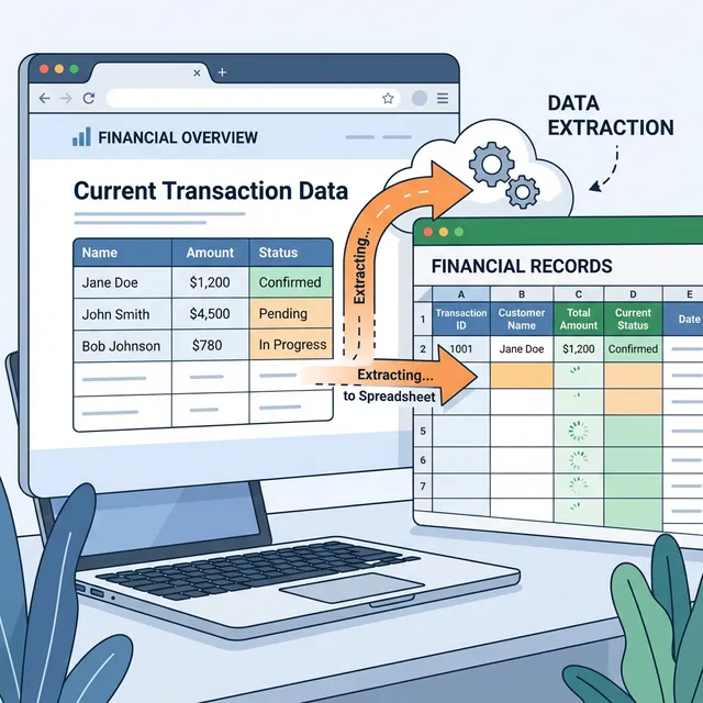 A web browser displaying a table of financial data extracting data to a connected spreadsheet