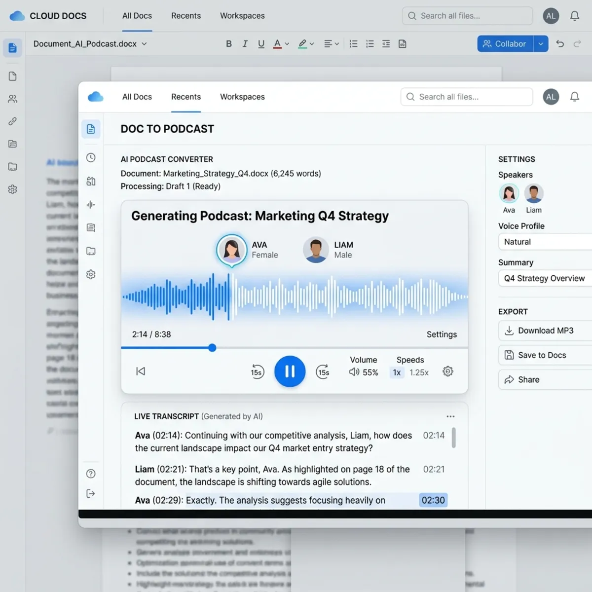 UI Mockup showing a document converted into a podcast with two AI speakers and a live transcript