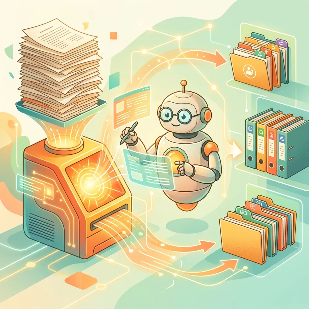 Abstract illustration depicting a stack of documents being scanned, evaluated by a wise robot, and organized into clean labeled folders representing a training dataset.
