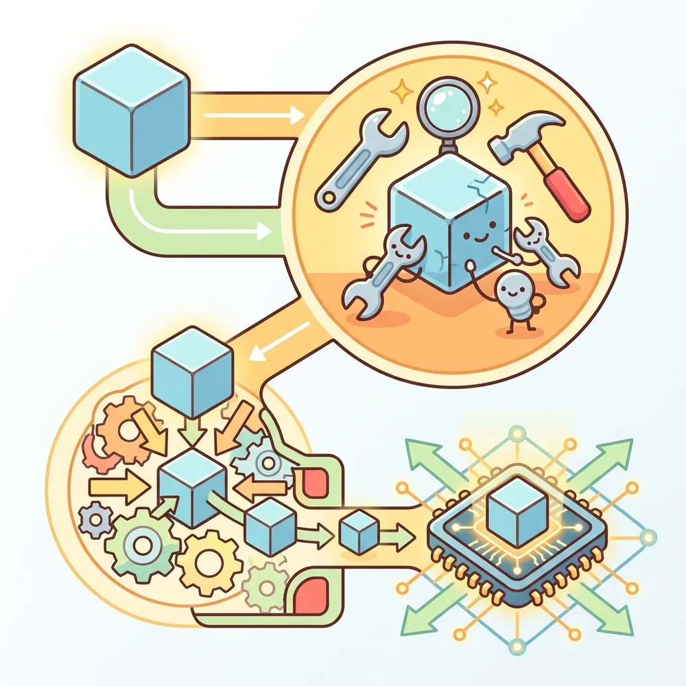 Abstract diagram showing an AI model going through a debugging phase with tools, a compression phase with gears, and outputting to a high-efficiency processor.