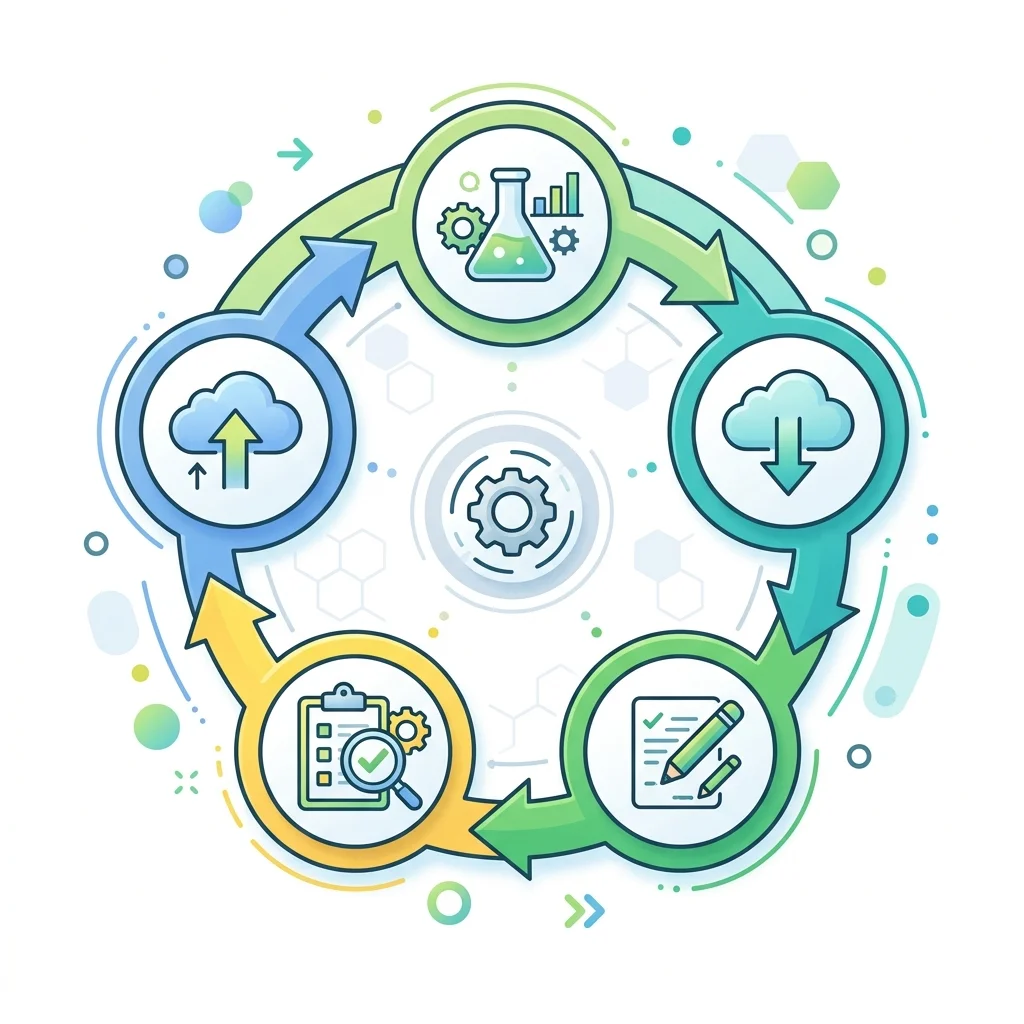 A circular flowchart showing the five steps of the development loop: clone, author, validate, push, and test